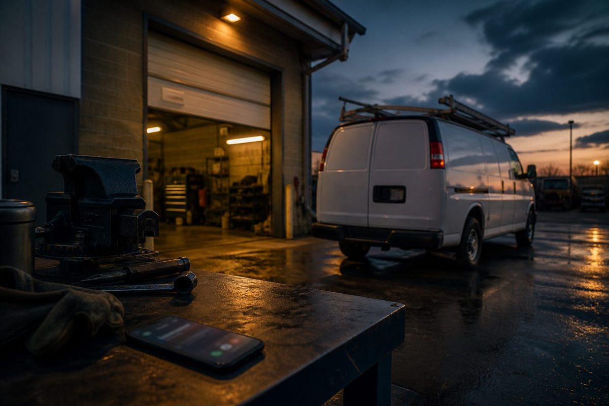 Dusk at a contractor yard: work van, open bay, phone glowing on the bench
