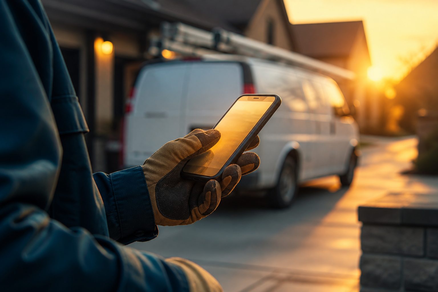 Gloved hand checking a phone in a driveway at sunset, work van behind