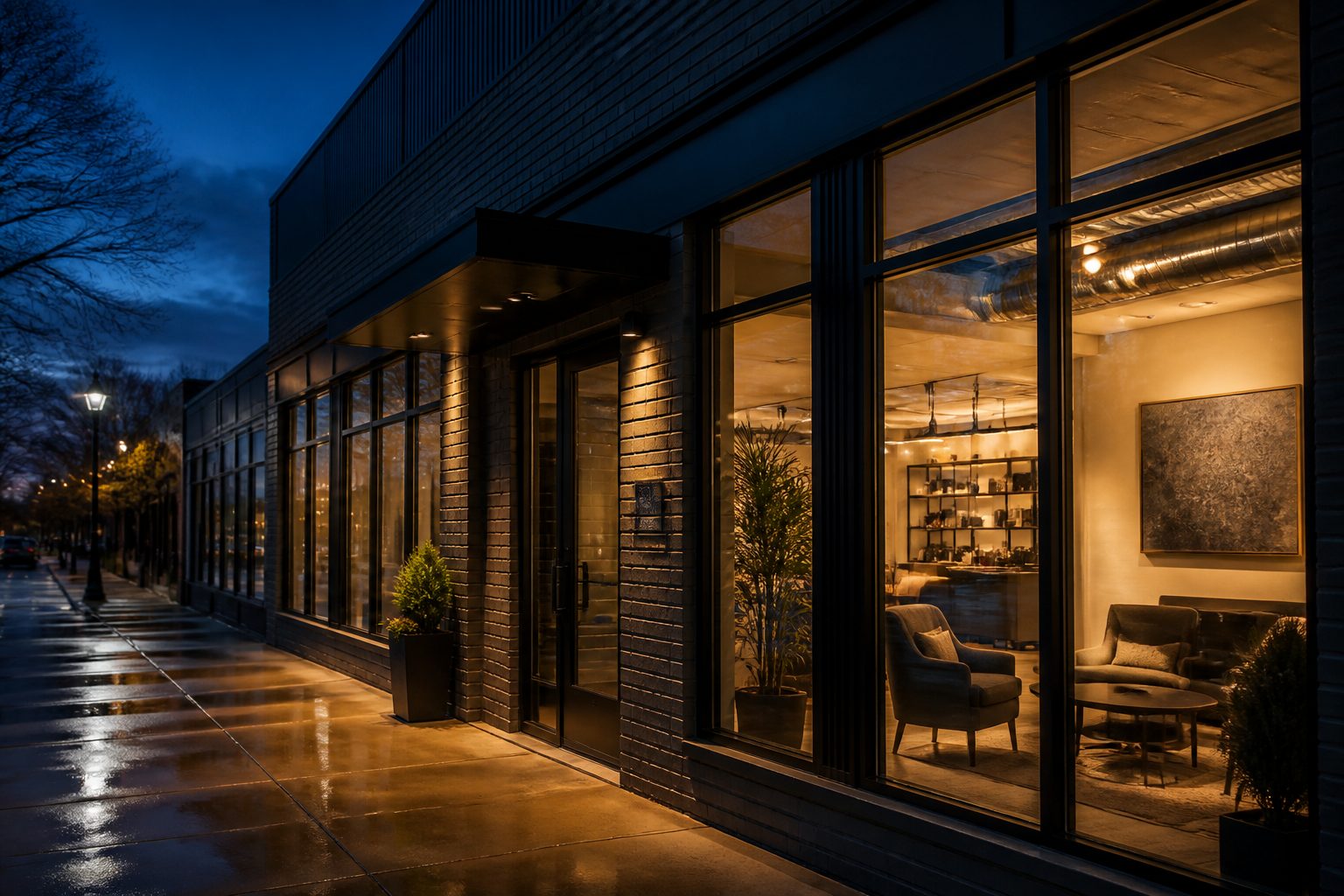 Blue-hour storefront with warm interior light, wet sidewalk