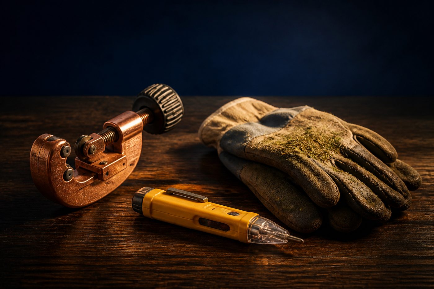 Pipe cutter, voltage tester, and work gloves on a dark oak table